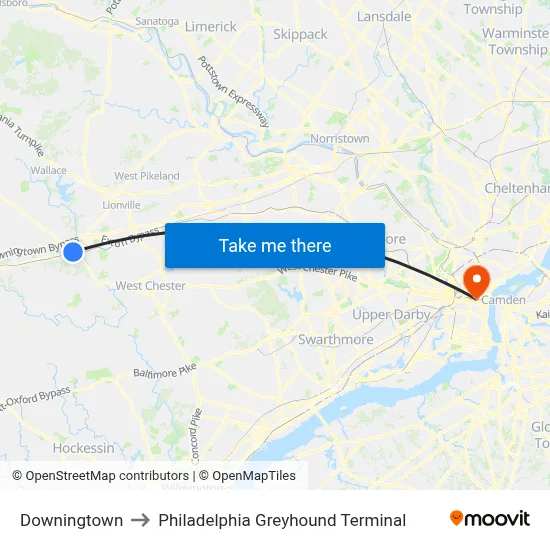 Downingtown to Philadelphia Greyhound Terminal map