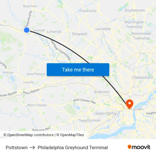Pottstown to Philadelphia Greyhound Terminal map