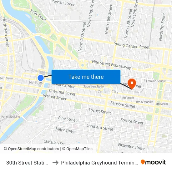 30th Street Station to Philadelphia Greyhound Terminal map