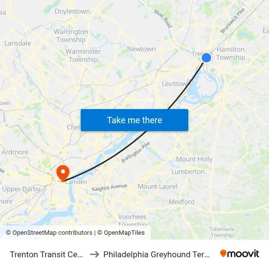 Trenton Transit Center to Philadelphia Greyhound Terminal map