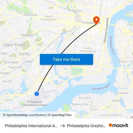 Philadelphia International Airport Terminal D to Philadelphia Greyhound Terminal map