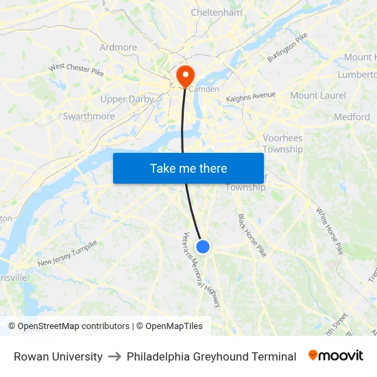 Rowan University to Philadelphia Greyhound Terminal map
