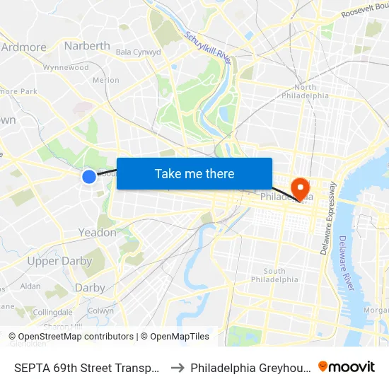 SEPTA 69th Street Transportation Center to Philadelphia Greyhound Terminal map