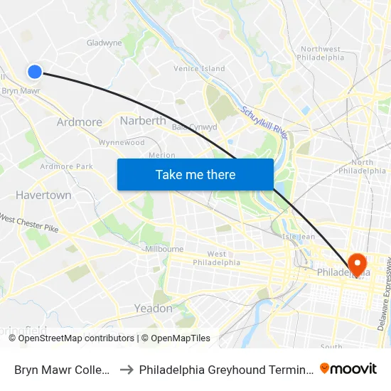 Bryn Mawr College to Philadelphia Greyhound Terminal map