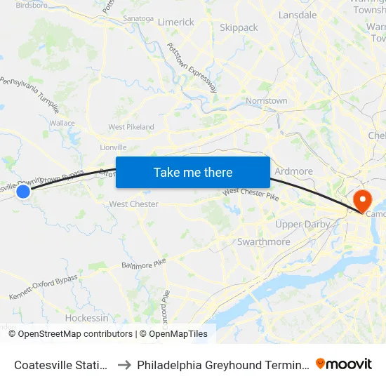 Coatesville Station to Philadelphia Greyhound Terminal map