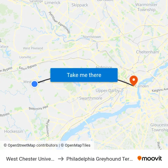 West Chester University to Philadelphia Greyhound Terminal map