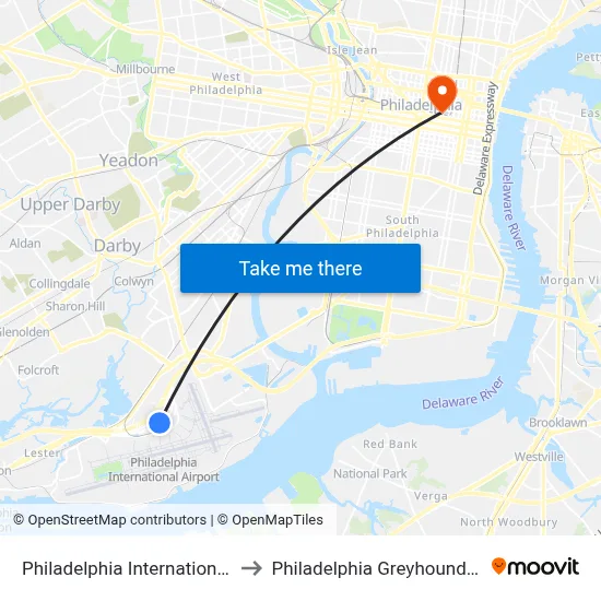 Philadelphia International Airport to Philadelphia Greyhound Terminal map