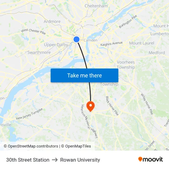 30th Street Station to Rowan University map