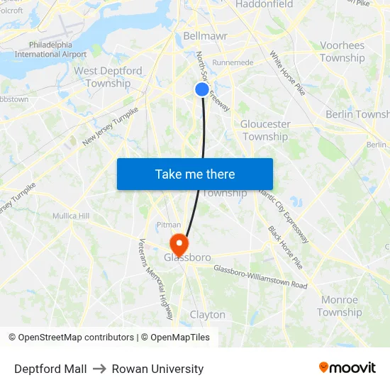 Deptford Mall to Rowan University map