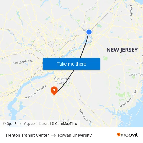 Trenton Transit Center to Rowan University map