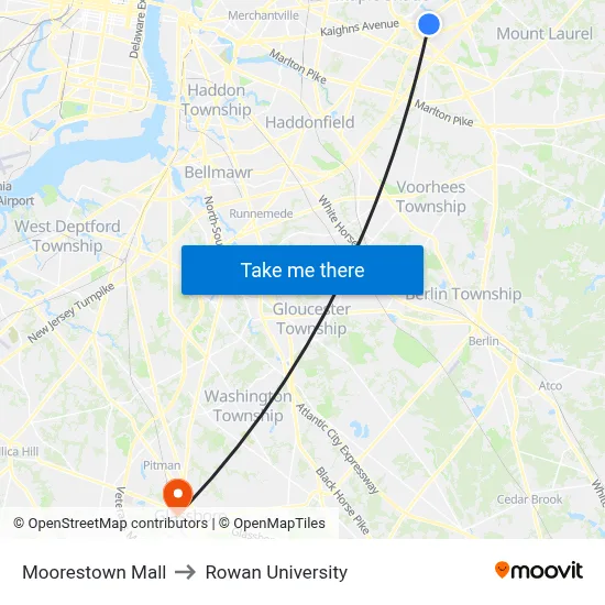 Moorestown Mall to Rowan University map