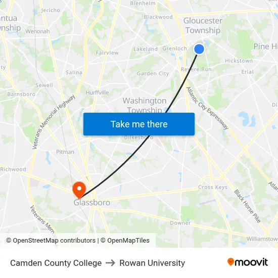 Camden County College to Rowan University map