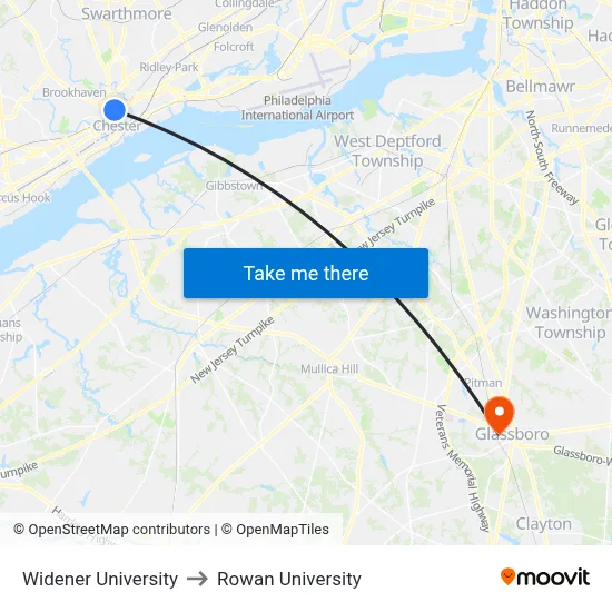 Widener University to Rowan University map