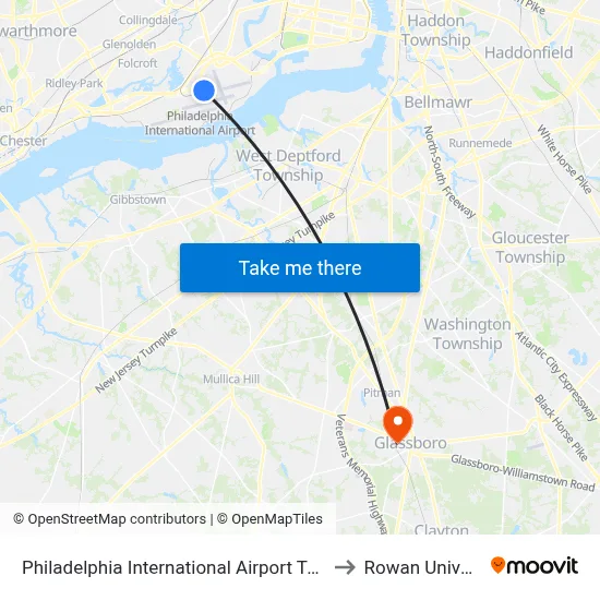 Philadelphia International Airport Terminal D to Rowan University map