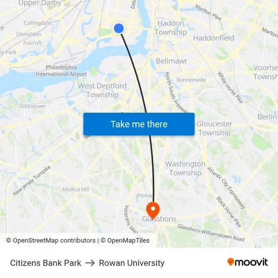 Citizens Bank Park to Rowan University map