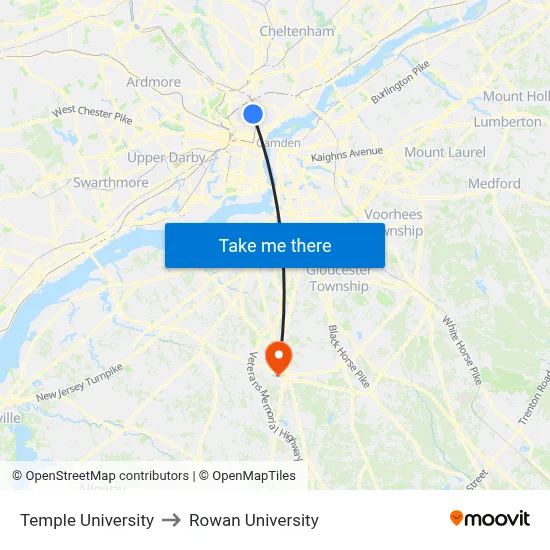 Temple University to Rowan University map