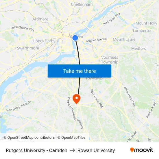Rutgers University - Camden to Rowan University map