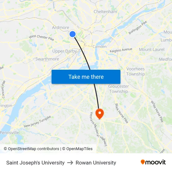 Saint Joseph's University to Rowan University map