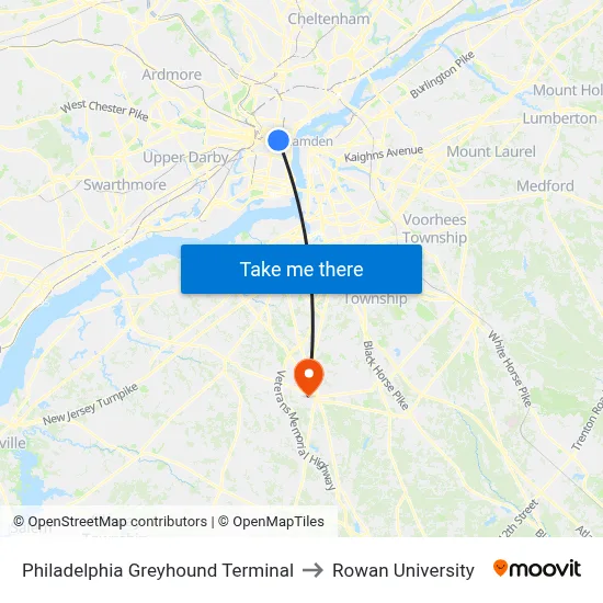 Philadelphia Greyhound Terminal to Rowan University map