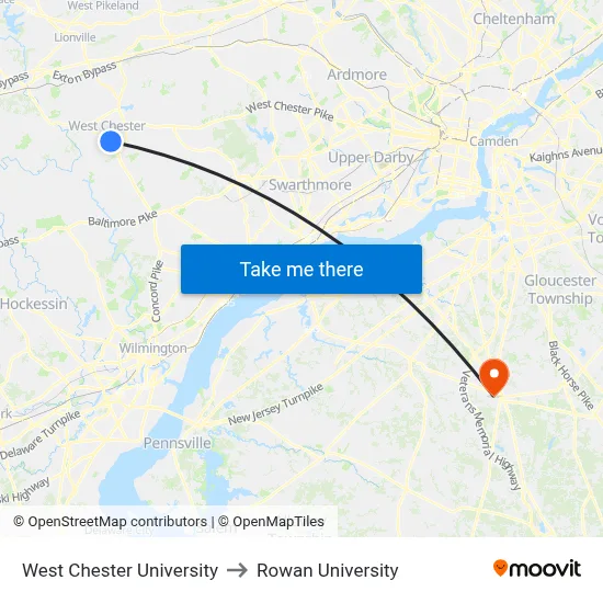 West Chester University to Rowan University map