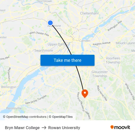 Bryn Mawr College to Rowan University map