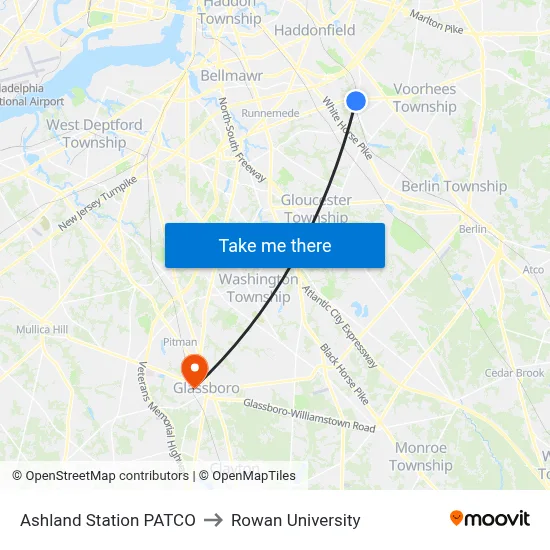 Ashland Station PATCO to Rowan University map