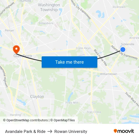 Avandale Park & Ride to Rowan University map