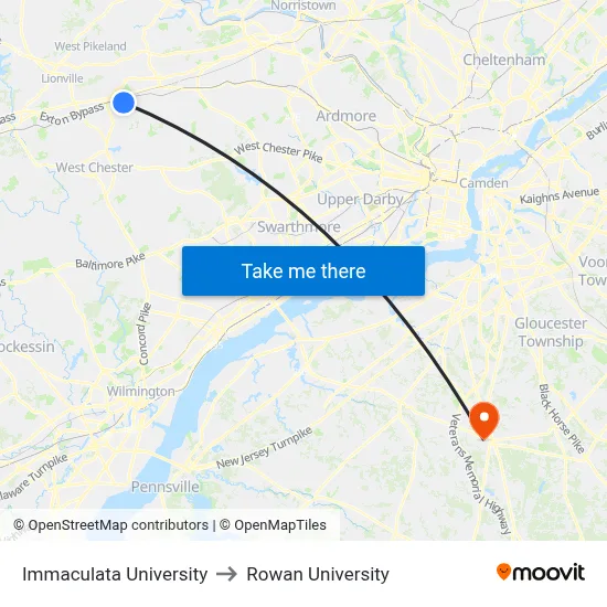 Immaculata University to Rowan University map