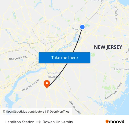 Hamilton Station to Rowan University map