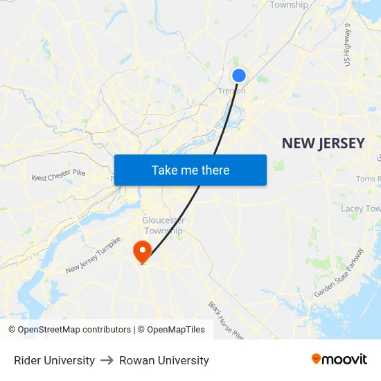 Rider University to Rowan University map