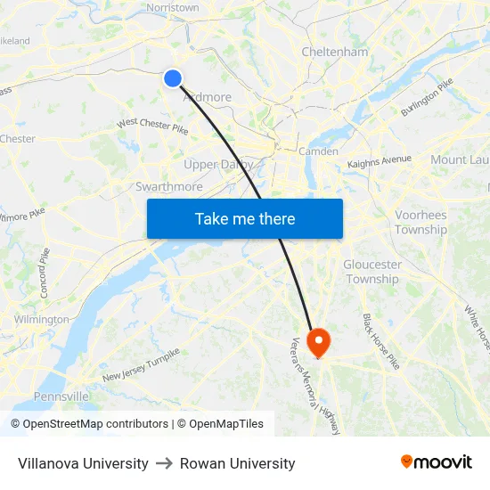 Villanova University to Rowan University map