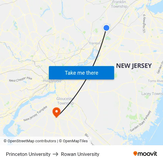 Princeton University to Rowan University map