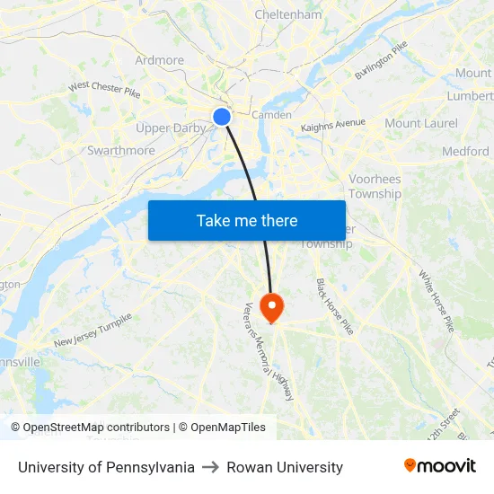 University of Pennsylvania to Rowan University map