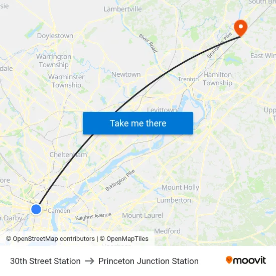 30th Street Station to Princeton Junction Station map