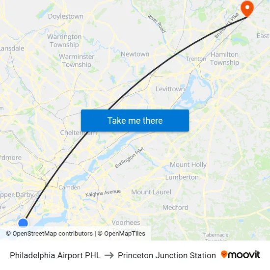 Philadelphia Airport PHL to Princeton Junction Station map