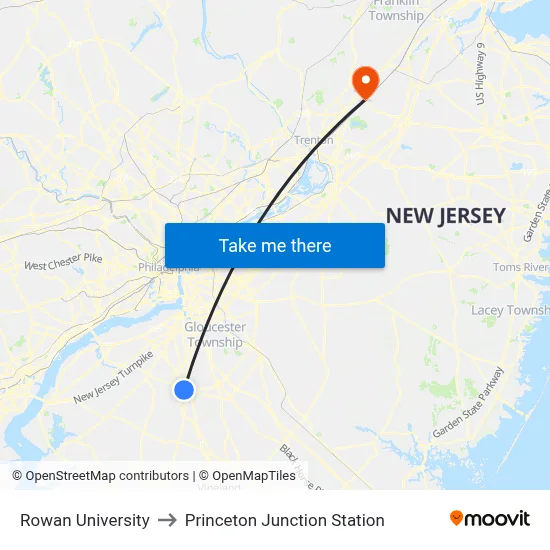 Rowan University to Princeton Junction Station map