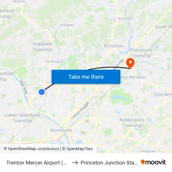 Trenton Mercer Airport (TTN) to Princeton Junction Station map