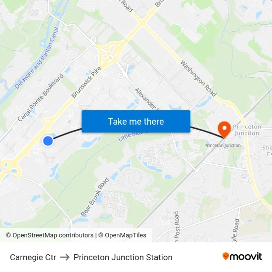 Carnegie Ctr to Princeton Junction Station map