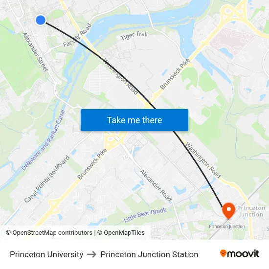 Princeton University to Princeton Junction Station map