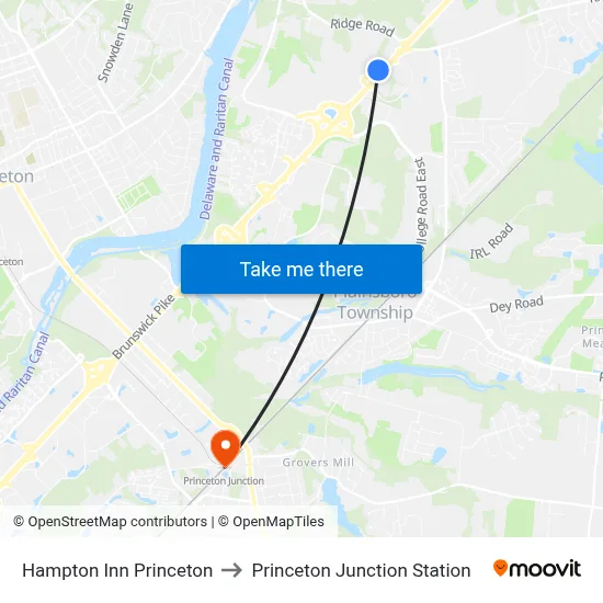 Hampton Inn Princeton to Princeton Junction Station map