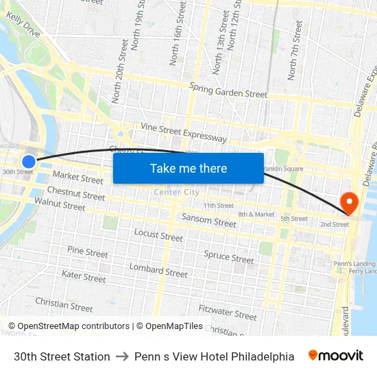 30th Street Station to Penn s View Hotel Philadelphia map