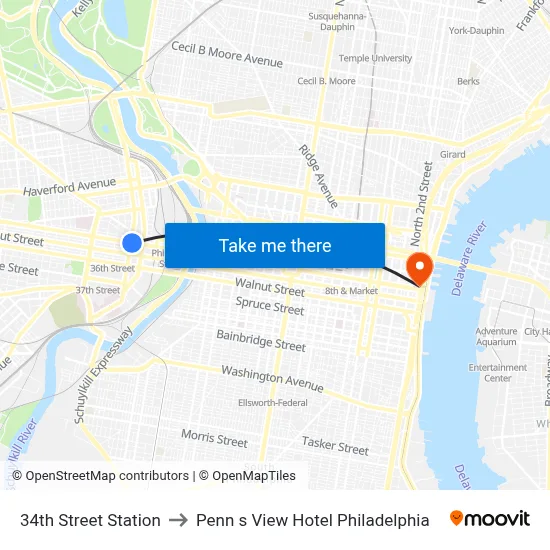 34th Street Station to Penn s View Hotel Philadelphia map