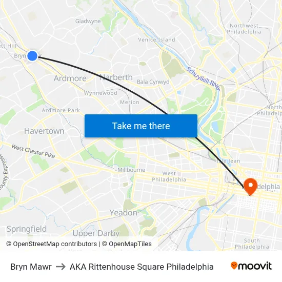 Bryn Mawr to AKA Rittenhouse Square Philadelphia map