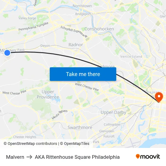Malvern to AKA Rittenhouse Square Philadelphia map