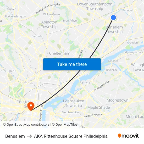 Bensalem to AKA Rittenhouse Square Philadelphia map