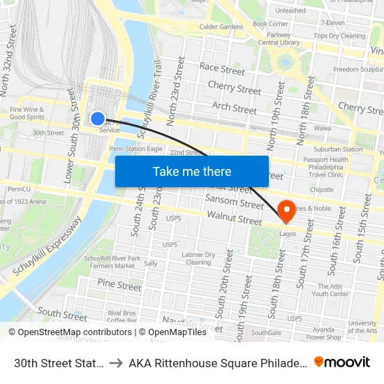 30th Street Station to AKA Rittenhouse Square Philadelphia map