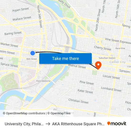 University City, Philadelphia to AKA Rittenhouse Square Philadelphia map