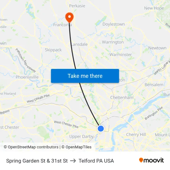 Spring Garden St & 31st St to Telford PA USA map