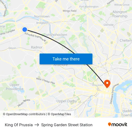 King Of Prussia to Spring Garden Street Station map