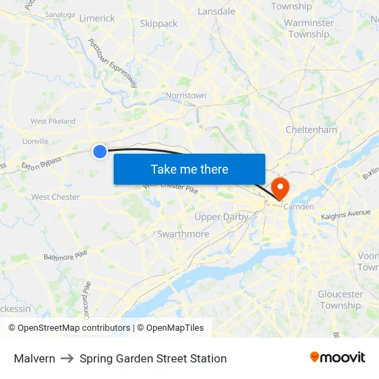 Malvern to Spring Garden Street Station map